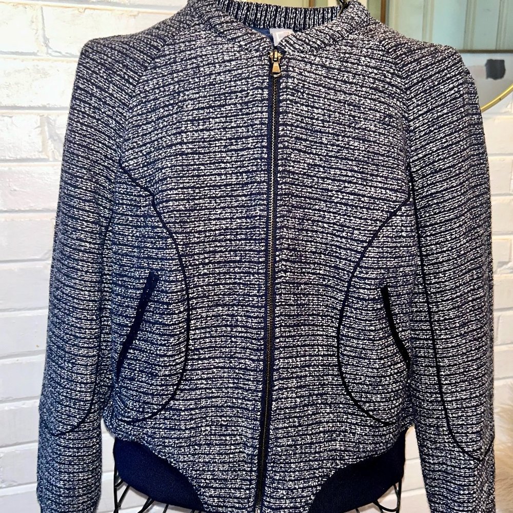 **FINAL PRICE-Navy Blue and White Bomber Jacket, Tweed Pattern, LARGE